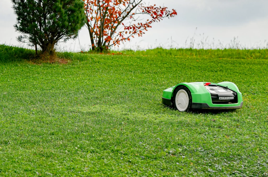 en robotgräsklippareklipper en gräsmatta på hösten, höstlöv i bakgrunden