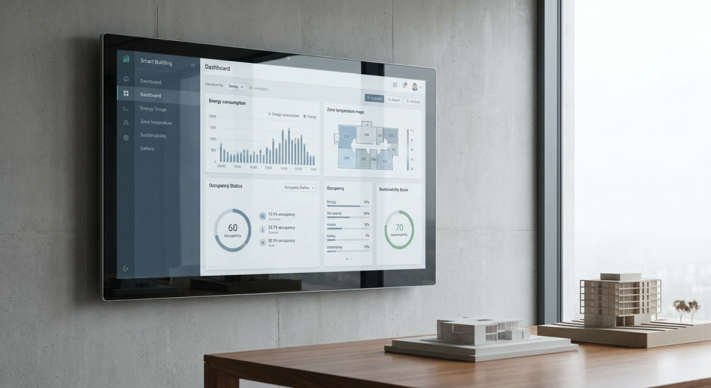 En detaljerad digital instrumentpanel som visar energiförbrukning och driftdata för en smart fastighet.