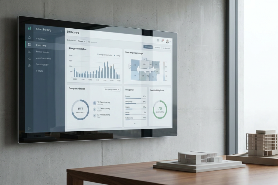 En detaljerad digital instrumentpanel som visar energiförbrukning och driftdata för en smart fastighet.